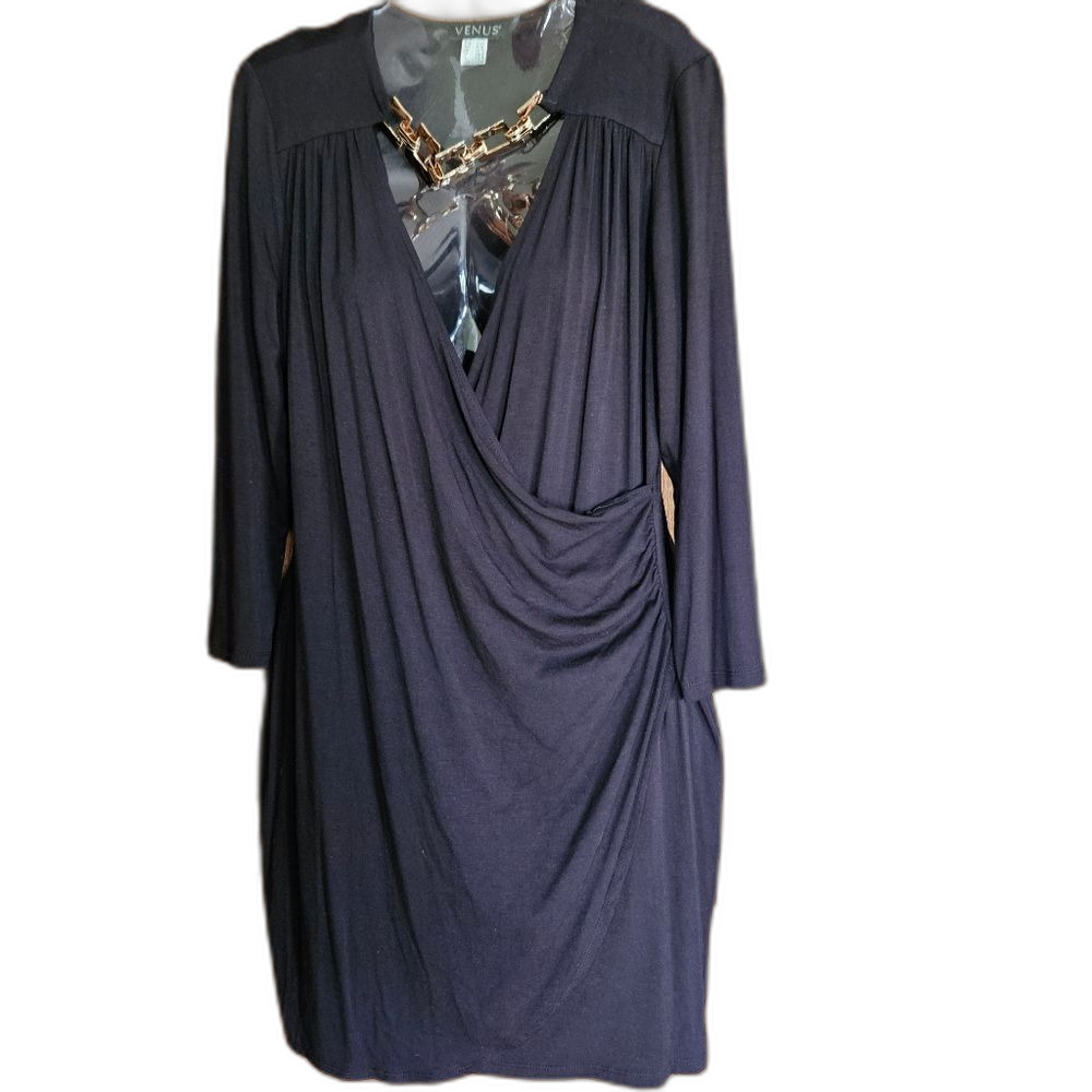 VENUS Black Ruched Wrap Dress LS‎ Women’s Small Elegant Evening Body Contouring